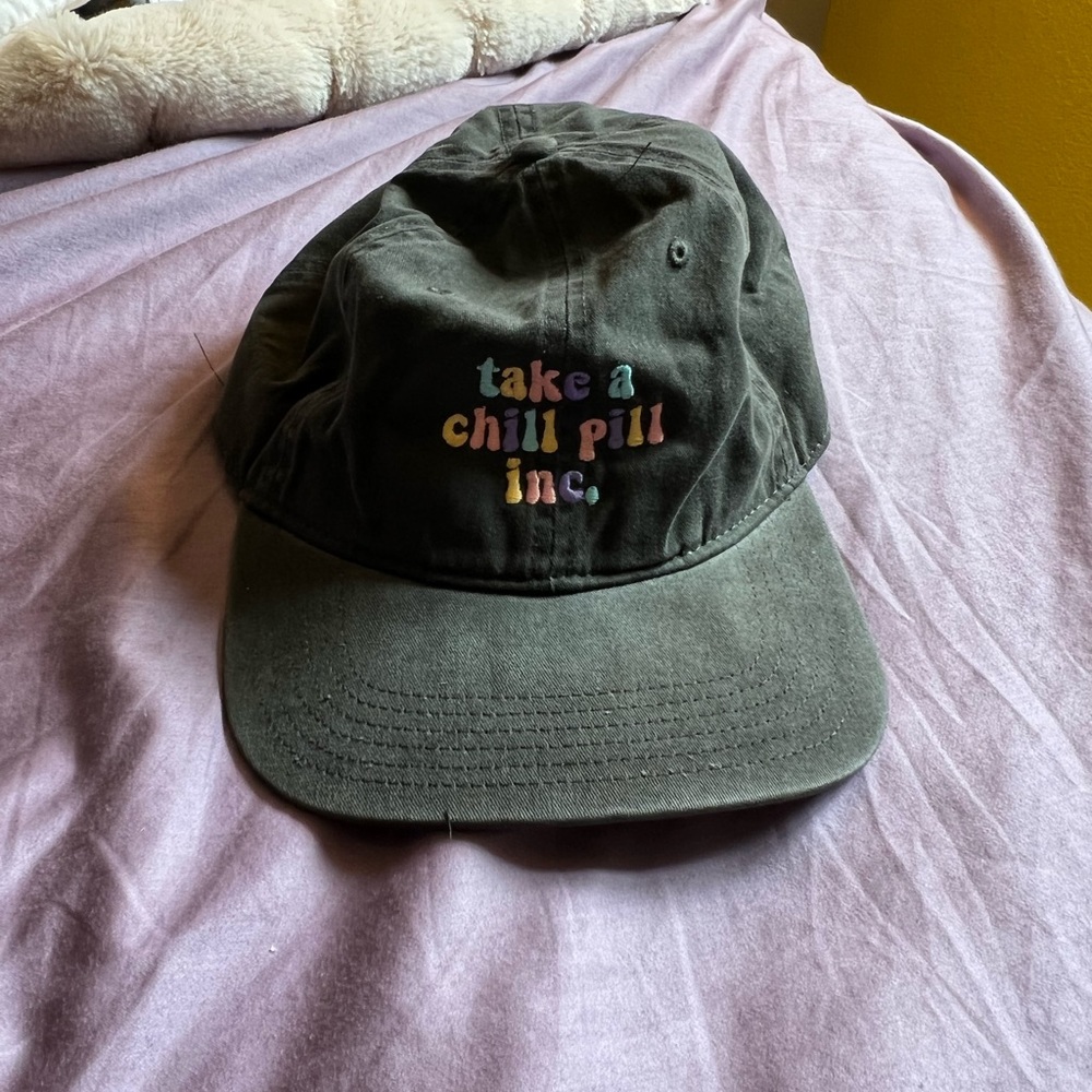 Take A Chill Pill Hat green with rainbow embroidery